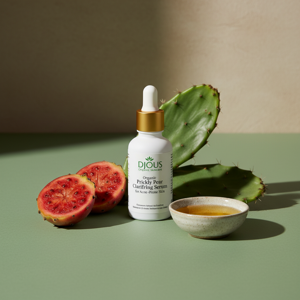 Prickly Pear Acne Serum by DJOUS Organic on sage green surface with prickly pear fruit and golden oil